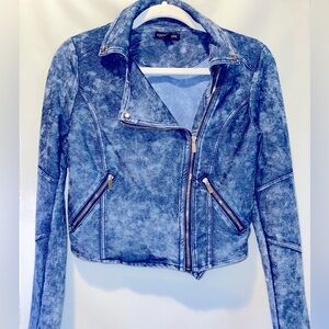 Material Girl Moto Jacket Acid Wash Denim Look Size Small Faux Zip Front